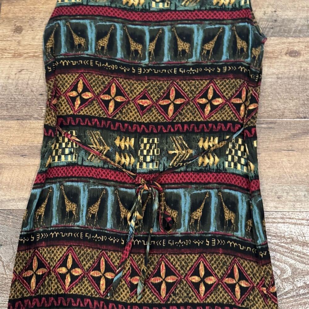 VTG 90s Just in Thyme Sleeveless Midi Shift Dress 8 Tie Back Safari Giraffe Boho - Picture 3 of 7